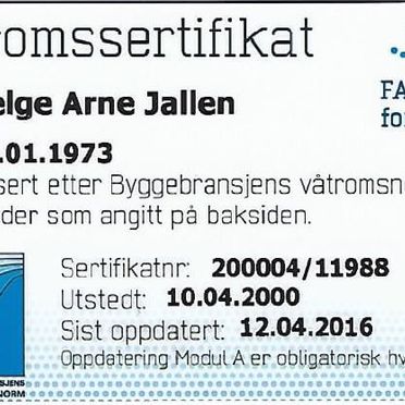 Våtromssertifikat Helge Arne Jallen