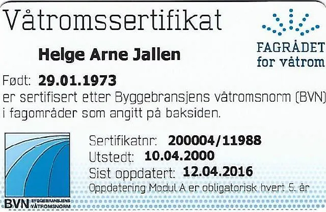 Våtromssertifikat Helge Arne Jallen